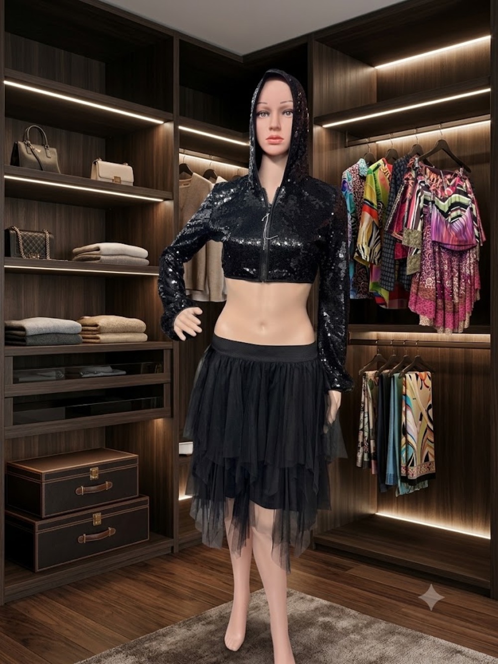 Shimmer Sequin Hooded Long Sleeve Crop Top M & Chelsea Violet Tulle Skirt S Set